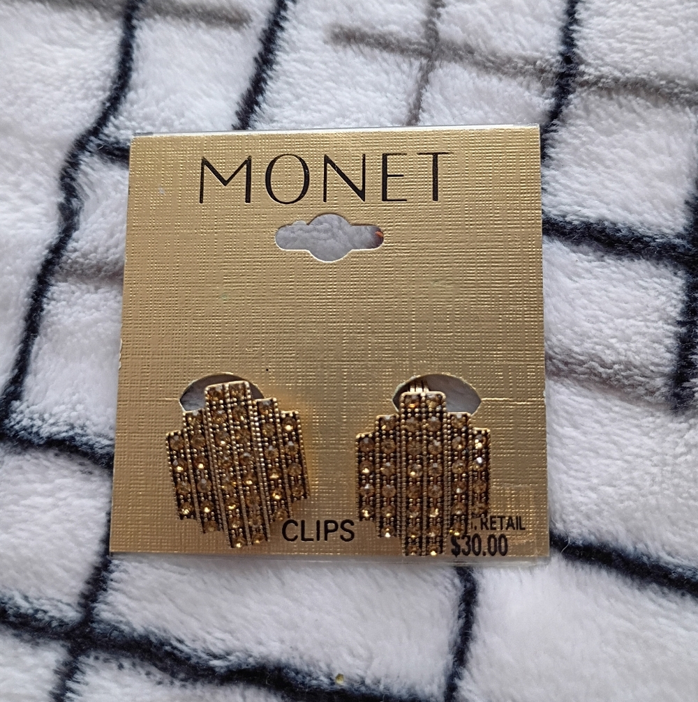 Monet Gold-Tone Textured Clip-On Earrings Art Deco Style